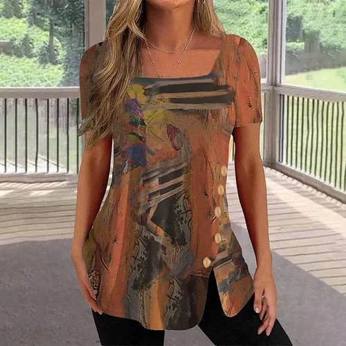 Vista 2 de Ceboyel Blusas Henley de manga corta con botones florales para mujer, blusas de verano a la moda casual para mujer