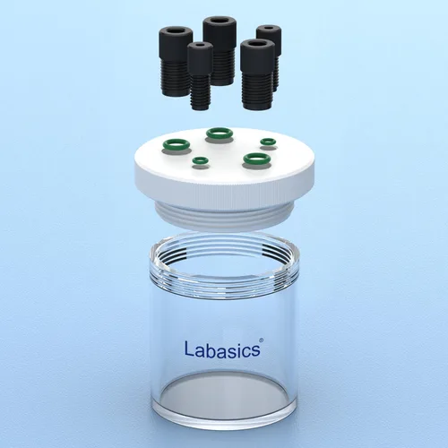 Vista 4 de Labasics Célula electrolítica, kit de celda electroquímica sellada con borosilicato de una sola cámara, electrolizador de reactor con tapa de PTFE