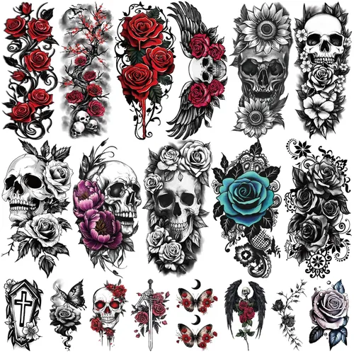 Vista 16 de 36 hojas de tatuajes temporales para hombres, mujeres y adultos, 12 hojas de gran tamaño, 3D, media manga, tatuajes falsos negros, tatuajes