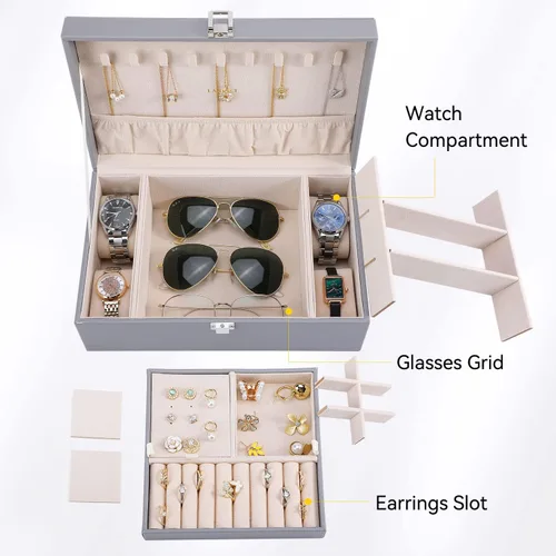 Vista 4 de LANDICI Joyero organizador para mujeres y niñas, estuche grande de 2 capas para hombres con bandeja extraíble, soporte de almacenamiento de joyas