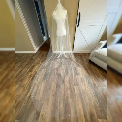 Vista 8 de Bambi Elegant Bridal Cathedral Veil with Artificial Pearl Design - White, 118.1 inches Long