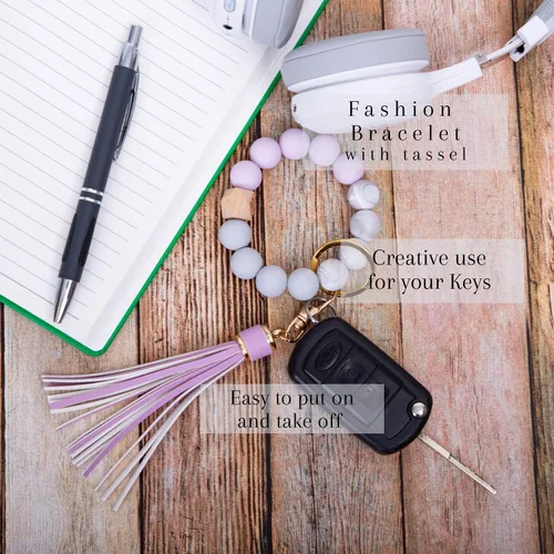 Vista 16 de dizzy creek designs Llavero pulsera, pulsera de cuentas de silicona para mujer, llavero con borla de cuero