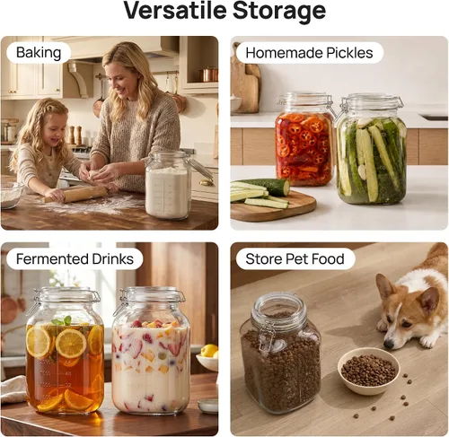 Vista 7 de Vtopmart Paquete de 2 tarros de almacenamiento de vidrio de 1.1 galones con tapas de abrazadera herméticas, recipientes cuadrados de 140 onzas