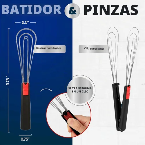 Vista 2 de Batidor plano y pinzas para cocinar: herramienta de cocina multiusos para batir huevos, pinzas para ensalada, barbacoa, batidor para cocinar Negro