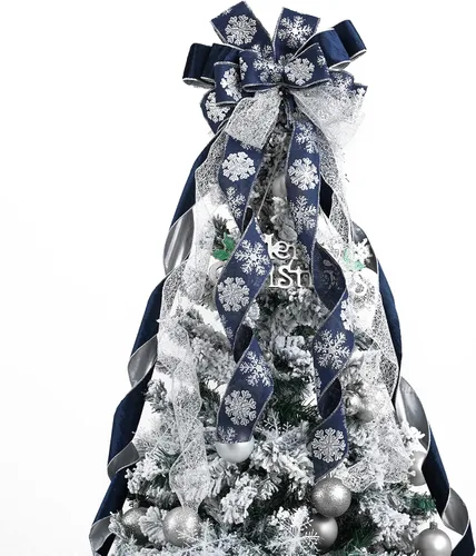 Vista 11 de MEEDEE Adorno Superior Azul para Árbol de Navidad de 12" de Ancho Lazos de Navidad con Purpurina Lazo de Cinta de Copo de Nieve Lazos Superiores