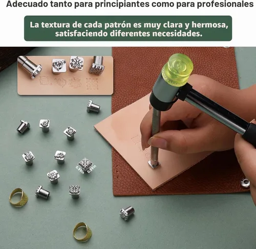 Vista 4 de Herramientas de Estampado de Cuero, Kit de Estampado de Cuero con 12 Sellos de Tangcao y Herramientas de Estampado y Punzón y Martillo de 25mm y 3