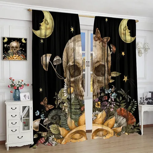Vista 97 de Cortinas góticas de bosque de cuervos, para Halloween, espeluznante, negro, cuervo negro, alas oscuras, suspenso, bolsillo para barra, cortinas