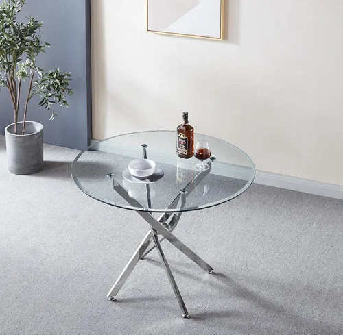 Vista 2 de SSLine Mesa de comedor redonda para 2-4, mesa de comedor de cristal transparente de lujo con base de pedestal plateada de 36 pulgadas, mesa