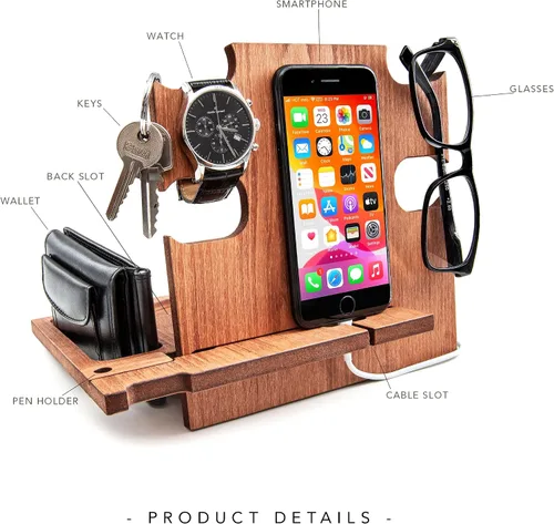 Vista 9 de Estación de acoplamiento para teléfono, soporte de reloj de madera, organizador de mesita de noche, regalos para él, gadgets para hombres, regalo