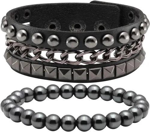 Vista 4 de Eigso Pulseras de cuero punk para hombres y mujeres, pulsera de cadena con tachuelas para hombre y mujer, Cuero, No es una piedra preciosa