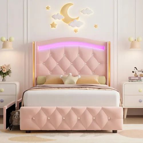 Vista 8 de Hifit Base de cama LED, tamaño individual, cabecera capitoné con botones de cristal, 4 cajones, moderna, piel sintética, de princesa, para niñas,