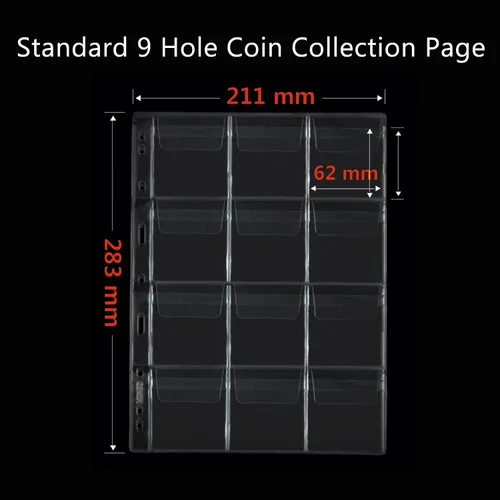 Vista 2 de 10 hojas de páginas de colección de monedas, insertos de fundas para monedas con 9 agujeros para álbumes, protectores de carpeta para coleccionar 10