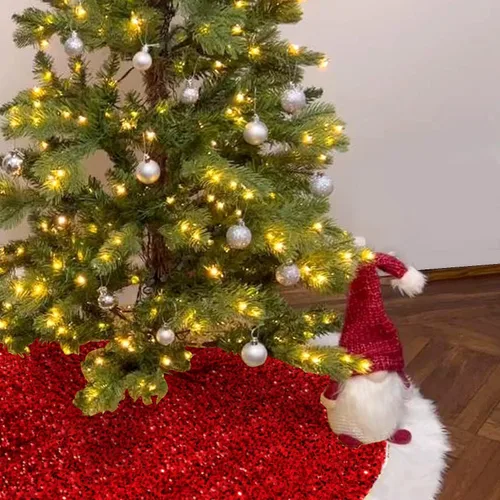 Vista 7 de Falda de árbol de Navidad de 48 pulgadas, lentejuelas doradas brillantes y relucientes con piel sintética, alfombra de árbol de felpa para árbol