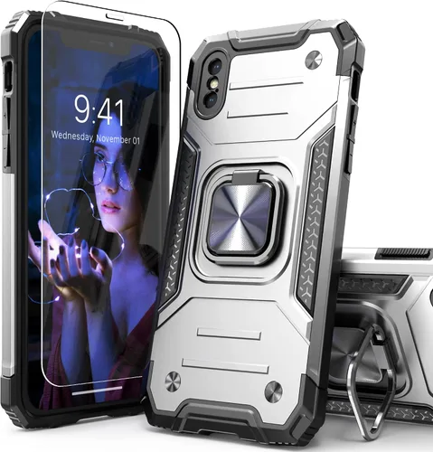 Vista 19 de Funda protectora ligera para iPhone Xs con protector de pantalla, absorción de golpes, resistente a prueba de caídas con soporte para automóvil