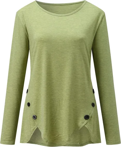 Vista 4 de Camiseta de manga larga con cuello redondo y dobladillo irregular con botones laterales para mujer