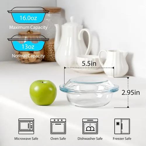 Vista 2 de Plato de Cazuela Mini de Vidrio de 13OZ con Tapa, Utensilio de Hornear Seguro para Horno de 5.5 Pulgadas con Asas, Tazón de Vidrio Seguro