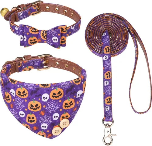 Vista 21 de EXPAWLORER Juego de collar y correa para cachorros, collar clásico a cuadros para perros pequeños con corbatín, bonito juego de collar y correa