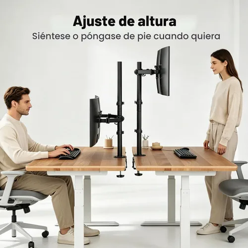 Vista 6 de Suptek Soporte de escritorio para monitor doble, brazo de monitor doble ajustable para 2 pantallas de computadora de hasta 27 pulgadas, poste extra