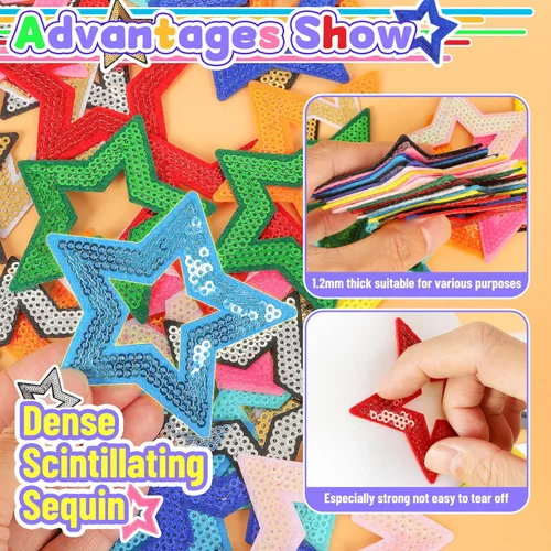 Vista 3 de Parches para planchar con estrellas abiertas para sombreros: funcolor 36 piezas de parches de estrellas de lentejuelas multicolor para bolsas