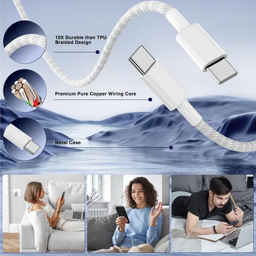 Vista 4 de USB C de carga súper rápida de 65 W para iPhone 17 16 Pro Max, bloque de carga USB C de 3 puertos de 100 W y cable trenzado tipo C de 3/6/6/10 pies
