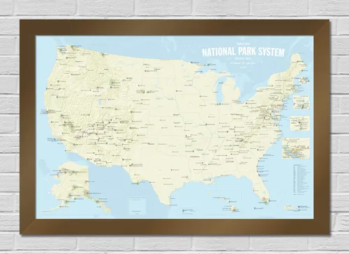 Vista 16 de Póster de unidades del sistema de parques nacionales de EE. UU., mapa de 24 x 36 pulgadas (beige y azul claro)
