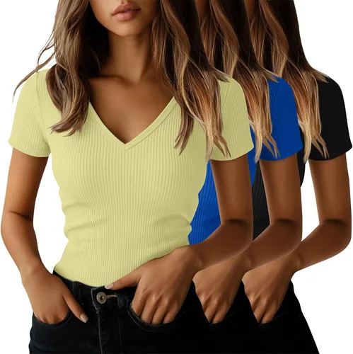 Vista 22 de Ficerd Paquete de 3 camisetas de algodón de manga corta para mujer, cuello en V, acanaladas, ajustadas, camisetas básicas casuales de verano
