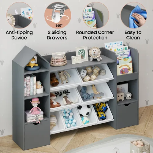Vista 5 de Organizador de almacenamiento de juguetes para niños, estantería gris con 8 contenedores de juguetes extraíbles, organizadores de almacenamiento