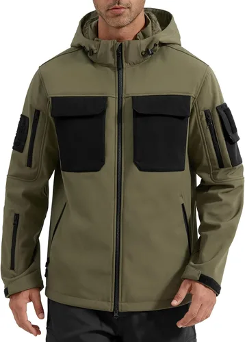 Vista 11 de FREE SOLDIER Chaqueta impermeable Softshell con forro polar para hombre, chaqueta táctica militar con capucha rompevientos Negro