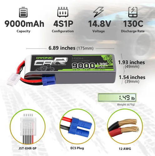 Vista 2 de OVONIC 4S LiPo Batería 9000mAh 14.8V 130C RC Batería con conector EC5 (paquete de 2)