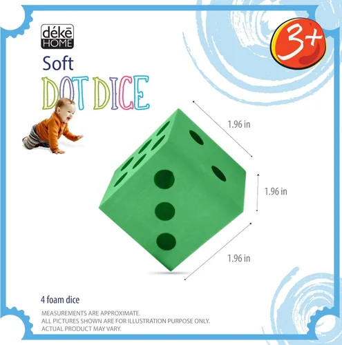 Vista 2 de Deke Home - Juego de dados de espuma (paquete de 4), dados grandes para el aula y la escuela en casa, color verde brillante, grande de 1.96