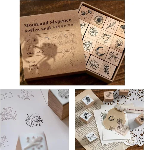 Vista 5 de 16 sellos de goma montados en madera, juego de sellos de goma de madera para arte y manualidades, fabricación de tarjetas, álbumes de recortes