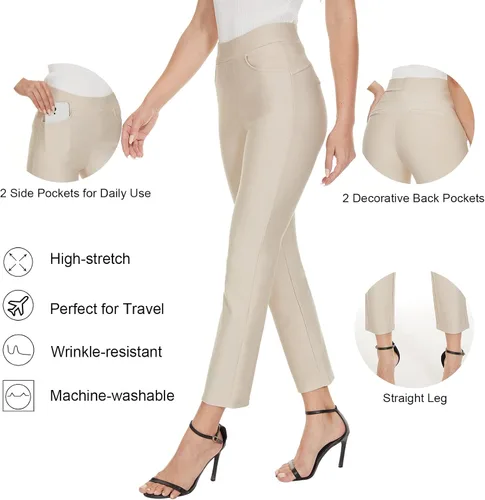 Vista 4 de Ginasy Pantalones de vestir negros para mujer, de negocios, casuales, de cintura alta, elásticos, para el trabajo, pierna recta, pantalones