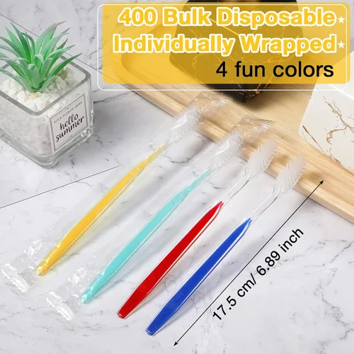 Vista 2 de Honeydak Paquete de 400 cepillos de dientes desechables envueltos individualmente, cepillo de dientes manual de un solo uso, cepillo de dientes