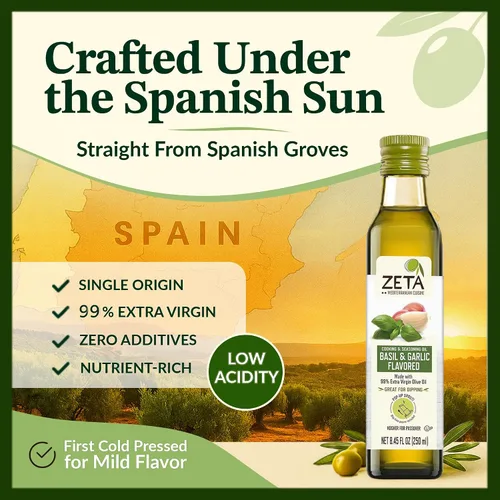 Vista 6 de Zeta Aceite de Oliva Virgen Extra con Albahaca y Ajo 8.5fl oz. Paquete de 3