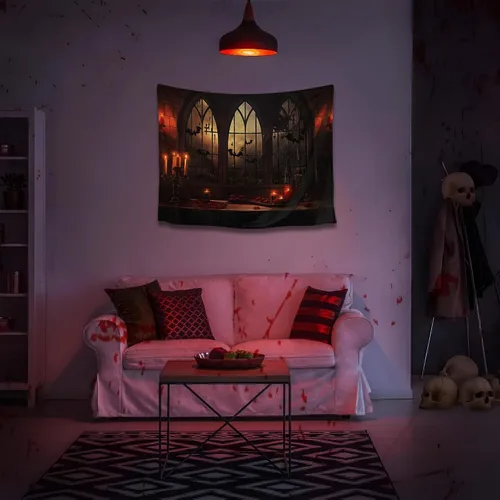 Vista 5 de QGHOT Tapiz de Halloween para colgar en la pared, tapiz de castillo de terror con ventana gótica, fondo espeluznante medieval, tapices