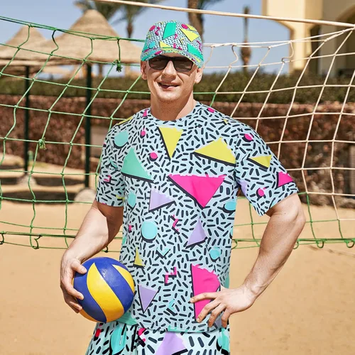 Vista 5 de Handepo Conjunto retro de los años 80 y 90 para hombre, 2 piezas, camiseta hippie y pantalón corto con sombrero para disfraz de fiesta de discoteca