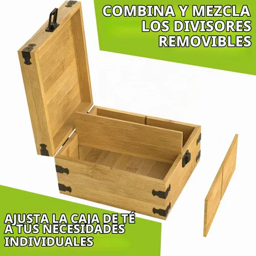 Vista 5 de Caja Organizadora de Té de Bambú Sin Químicos Ecológica Grande, Alta, Compartimentos Ajustables Baúl de Almacenamiento de Madera Natural