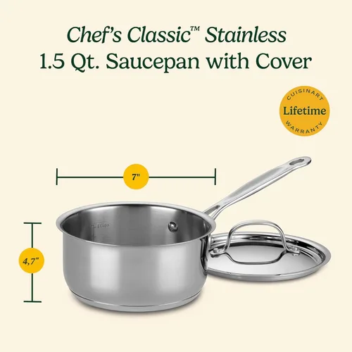 Vista 6 de Cuisinart Cacerola de 1.5 Cuartos con Tapa, Colección Clásica de Utensilios de Cocina del Chef de Acero Inoxidable, 719-16 Plateado