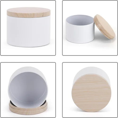 Vista 3 de 24 latas de velas blancas de 8 onzas con tapas de impresión de grano de madera de metal. Tarros de velas, latas de velas a granel para hacer velas