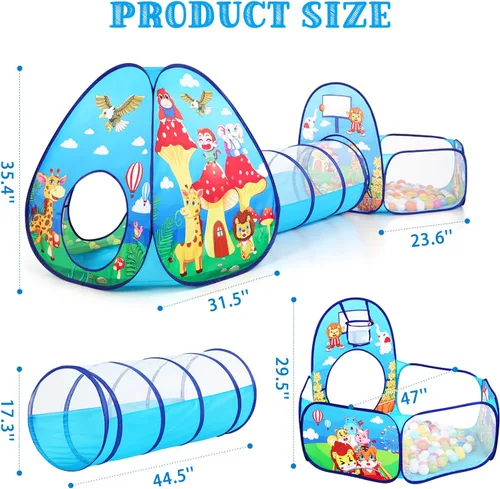 Vista 5 de Tienda de campaña de juego para niños de 3 piezas con túnel de juego y foso de pelotas, tienda de campaña para niños pequeños para niñas y niños
