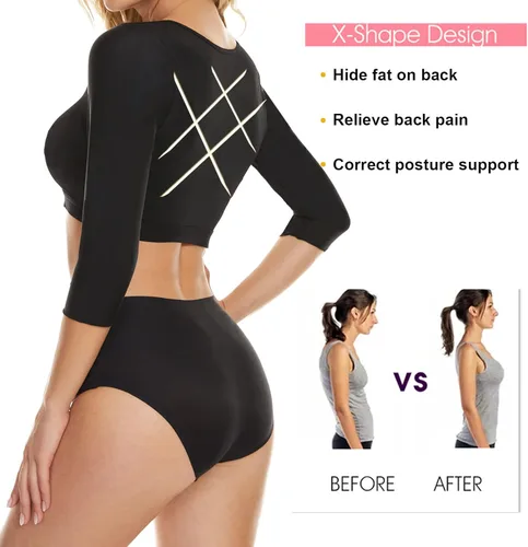 Vista 3 de Camisetas moldeadoras de brazos para mujer, mangas de compresión de brazos, cierre frontal, brasier moldeador de postura, camiseta sin mangas