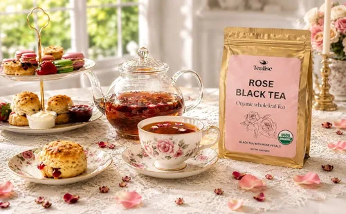 Vista 5 de Té negro rosa orgánico hoja suelta – hoja entera, orgánico USDA, aroma floral suave, té negro rico en antioxidantes, 1 libra (16.08 oz) por Tealise