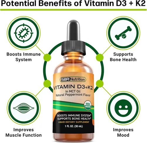 Vista 3 de SBR Nutrition Máxima absorción, vitamina D3 + K2 (MK-7) gotas líquidas con aceite MCT, sabor a menta, ayuda a apoyar huesos fuertes y corazón