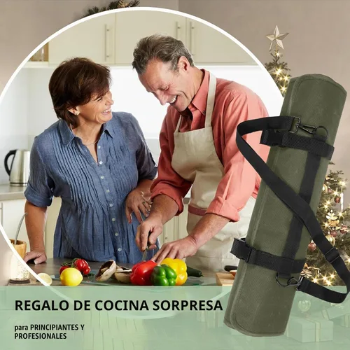 Vista 6 de lelezone Bolsa enrollable para cuchillos de chef, resistente al agua, funda de lona encerada para cuchillos, bolsas enrollables para chefs Verde