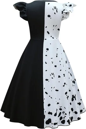 Vista 2 de IWEMEK Disfraz de Cruella Deville para niñas vestido de cosplay de Halloween para niños vestido de personaje de película dálmata peluca guantes