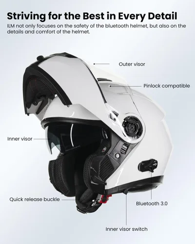 Vista 6 de ILM - Casco de motocicleta con Bluetooth, modular, intercomunicador para 2-3 conductores, abatible, de cara completa, con doble visera, aprobado por