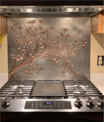 Vista 3 de Azulejos de salpicaduras de cocina de cobre hechos a mano, ramas de árbol con hojas para salpicaduras de cocina, panel decorativo de salpicaduras