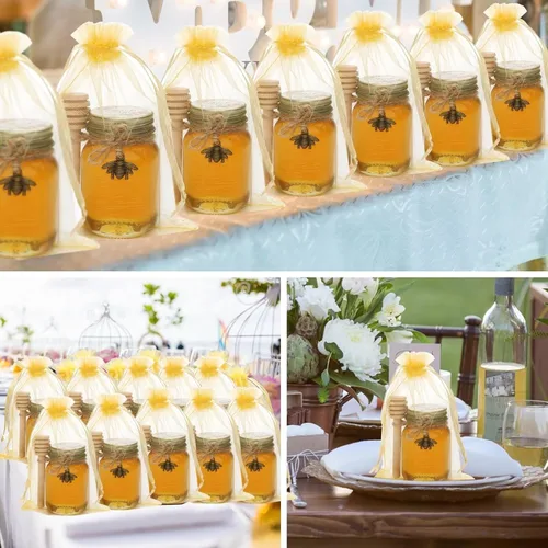 Vista 6 de Paquete de 48 tarros de miel de vidrio de 2 onzas con tapas doradas vintage Glass Jars Small Jar with Wooden Dippers, Mini Clear Bottles for Thank