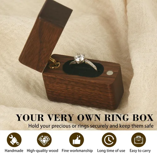 Vista 4 de Caja de madera para anillos de compromiso para propuesta, regalo para el día de la boda, caja de almacenamiento de anillo de regalo de compromiso