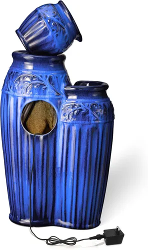 Vista 7 de Glitzhome - Fuente de jardín de 27.25" de alto con luces LED y bomba, fuente de agua para exteriores de 4 niveles con patrón en relieve azul Azul